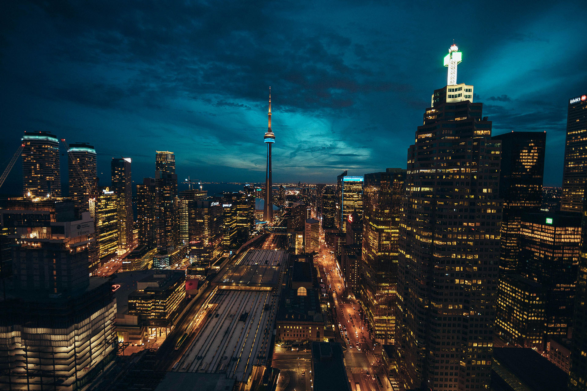 Toronto cityscape at night with illuminated buildings